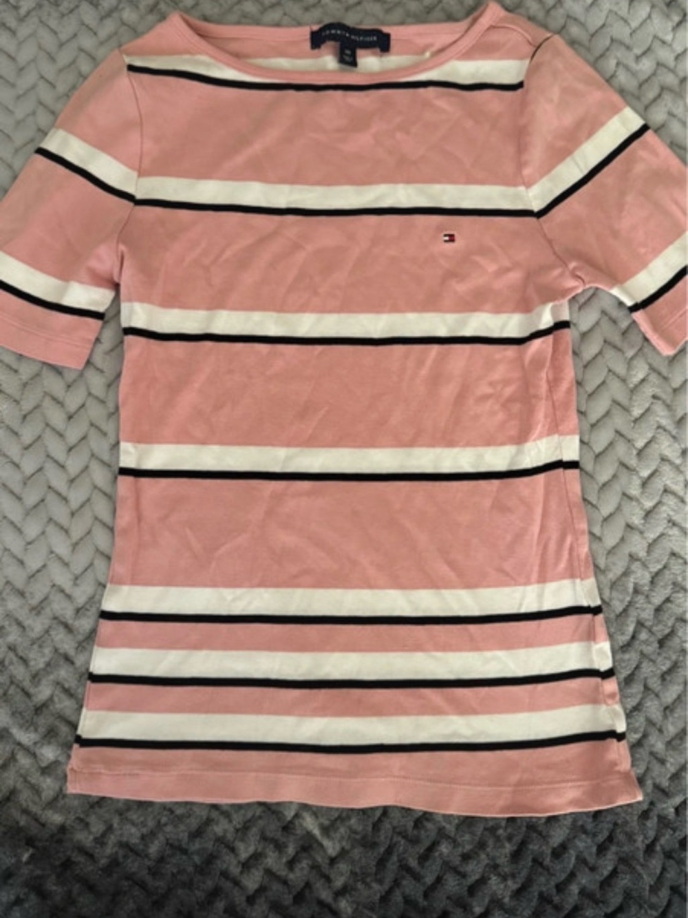 Tommy Hilfiger Pink, White & Black Striped Short Sleeve Tee